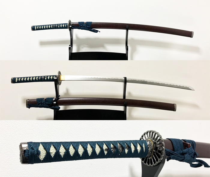 竹光模造刀 芹沢鴨 紺糸・菊透かし鍔 茶石目鞘 拵え | 竹光・時代劇