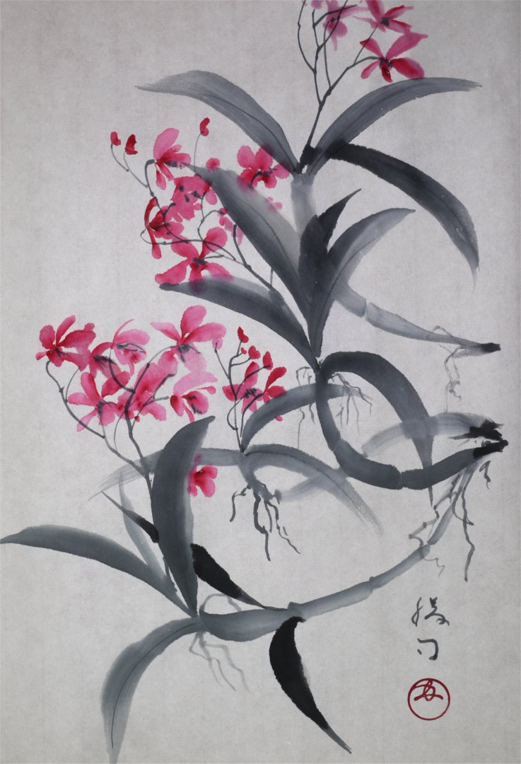 再墨画（水墨画）「洋蘭（エピデンドラム）」 福田勝司筆 | 水墨画・達