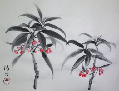 彩墨画・水墨画「百両」福田勝司筆 | 水墨画・達風 色彩のある墨絵｜教室