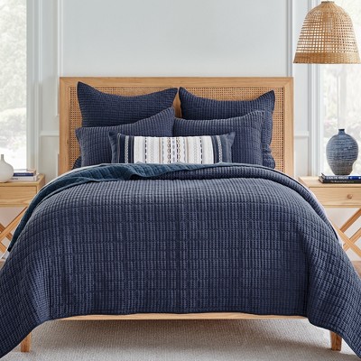 Mills Waffle Navy Quilt Set - One King Quilt and Two King Shams
