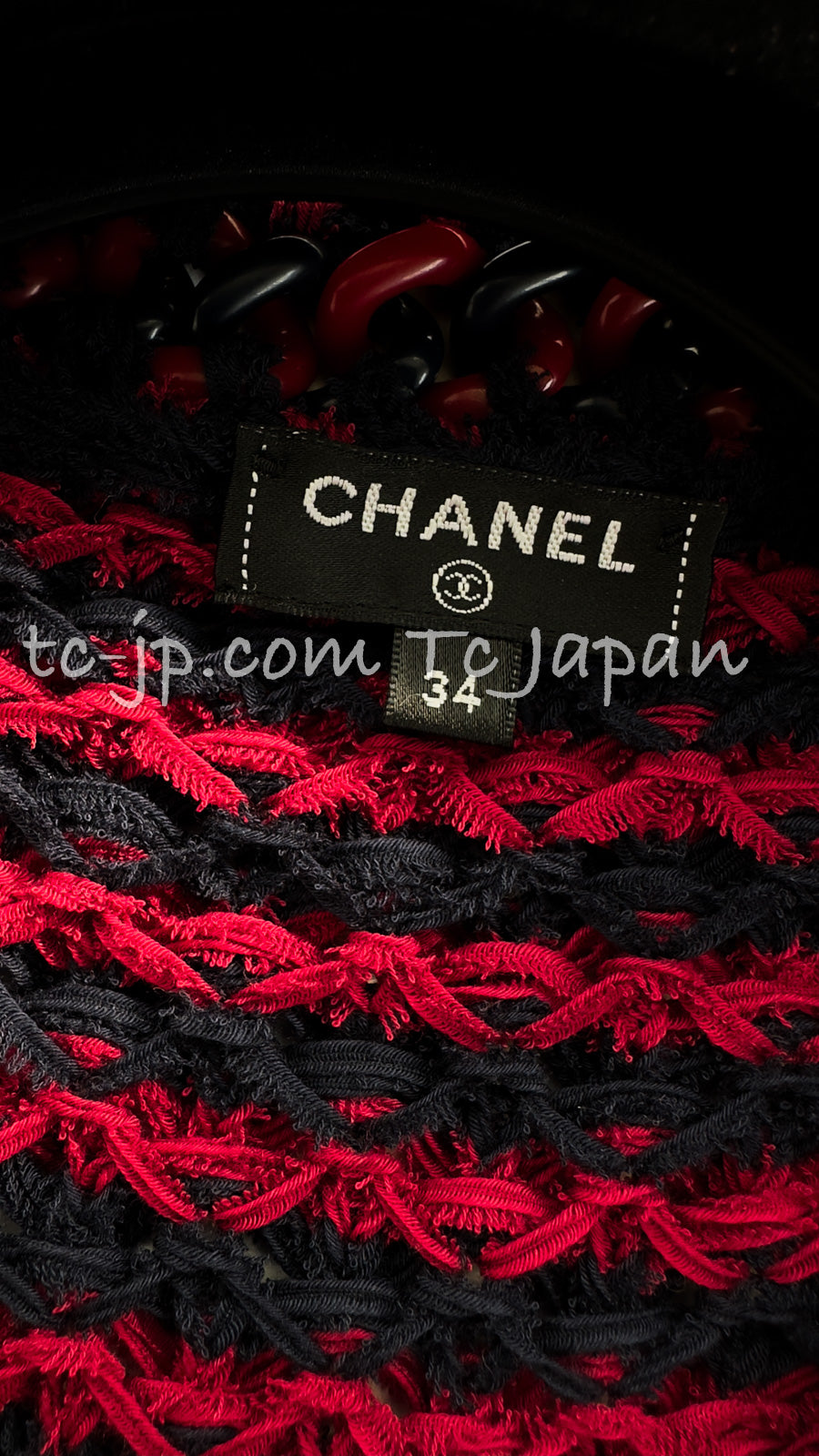 シャネル カーディガン CHANEL レッド ネイビー ストライプ チェーン