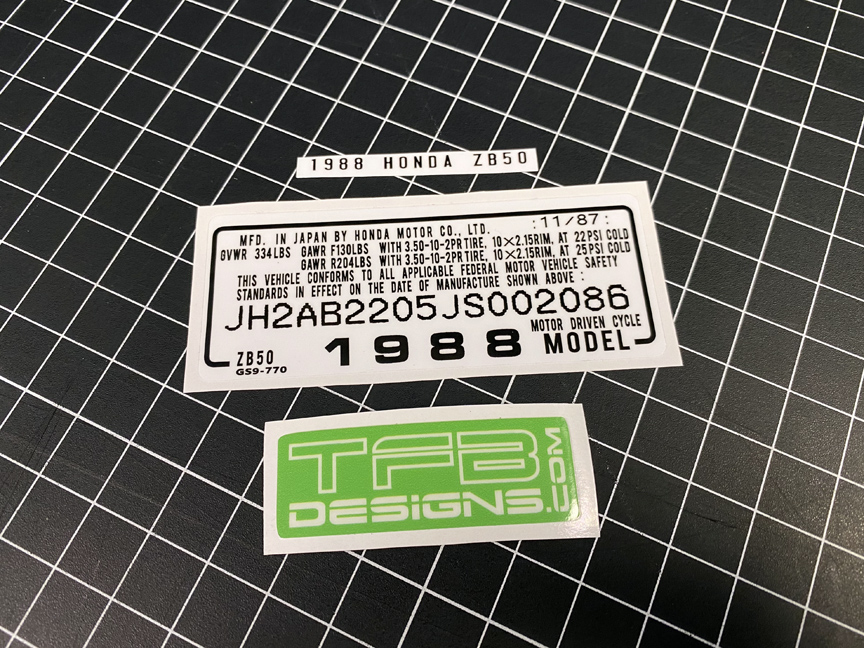 VIN Number Decal - 1987-1988 Honda ZB50 OEM Replacement - TFB Designs
