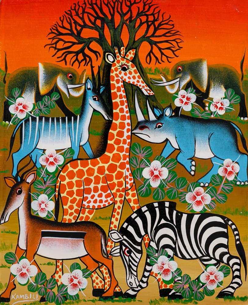 油彩画 飛鳥童 あすか わらべ 草原のライオン「Hunters」原画