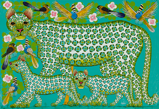 ヒョウの親子/鳥/グリーン - ティンガティンガオンラインショップ