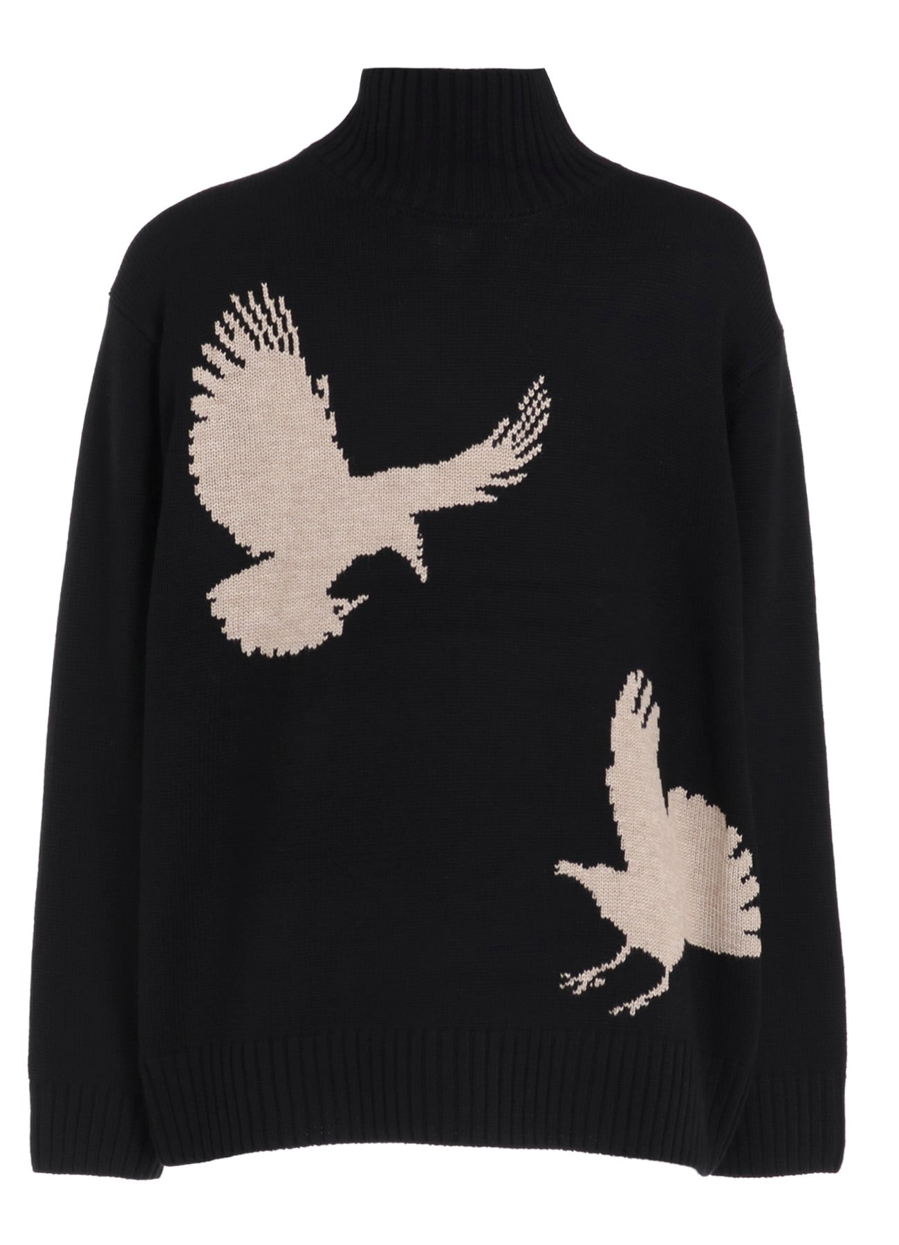 7G WOOL-BLEND INTARSIA CROW-PATTERN HIGH NECK KNIT(M Black): S'YTE