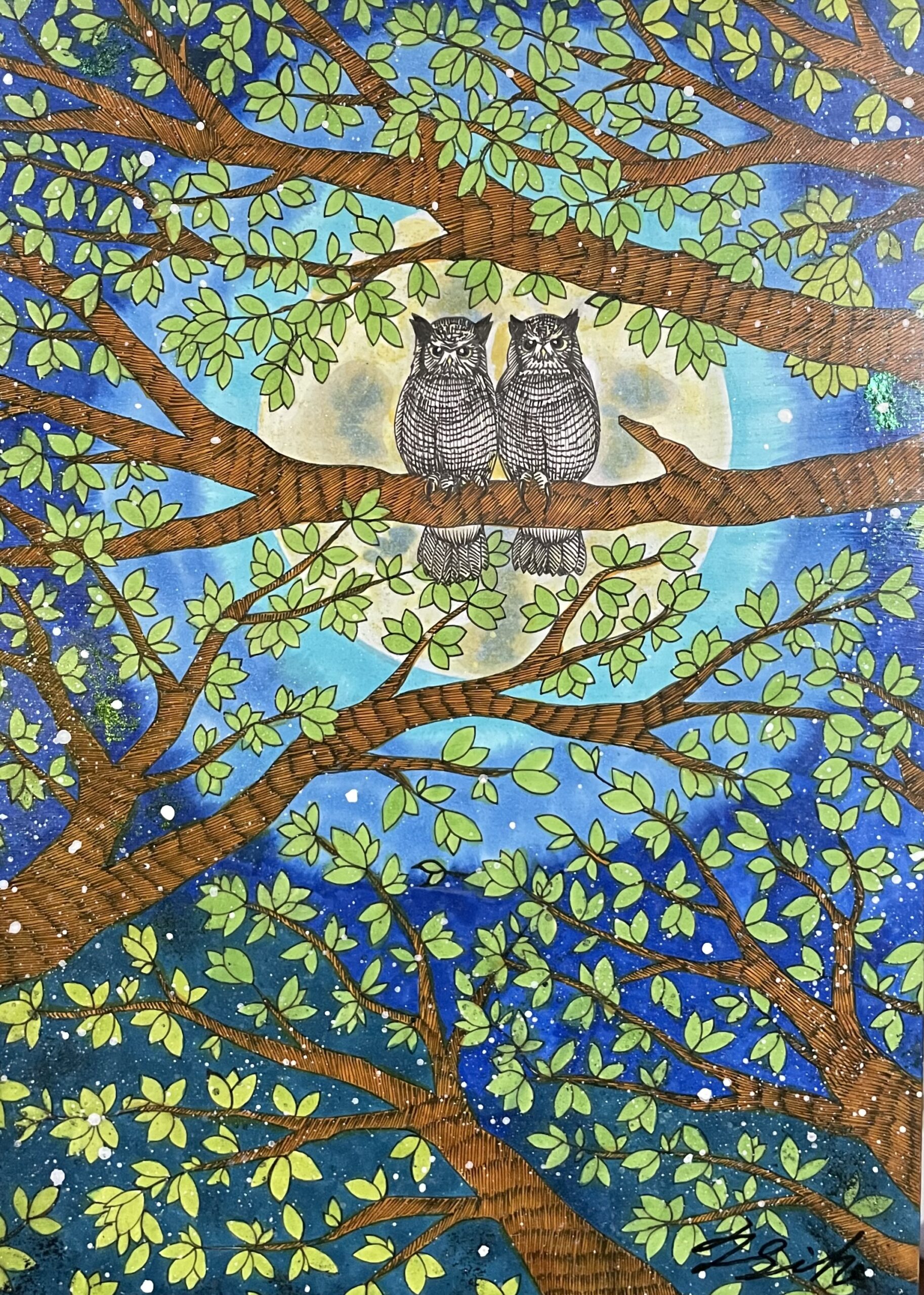 フクロウと満月の森 | フクロウシホ ｜インテリア絵画 アートの専門