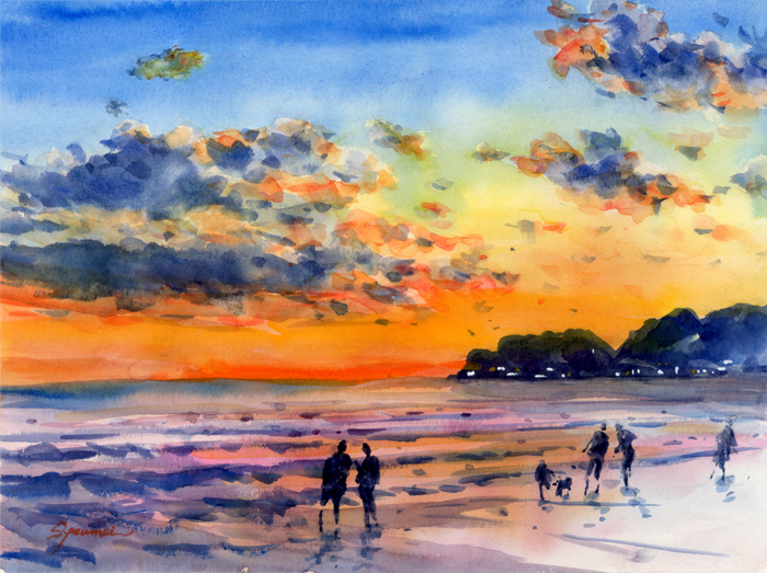 水彩画原画 夕焼けの由比ヶ浜・鎌倉 ＃547 | syoumei ｜インテリア絵画