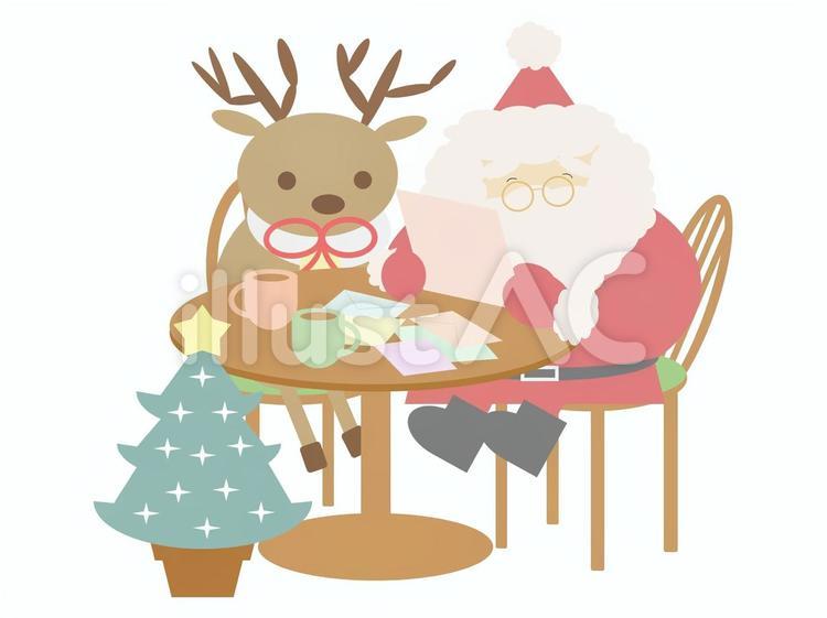 お手紙を読むサンタさんとトナカイイラスト - No: 22348282｜無料