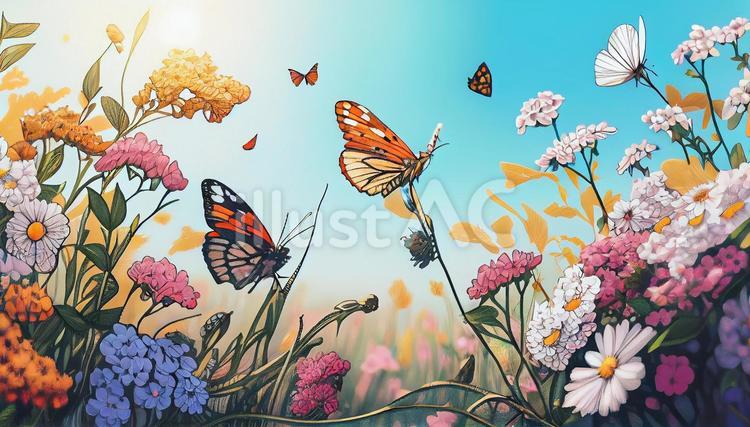 花の周りを舞う蝶々の風景＿オオカバマダライラスト - No: 23557282