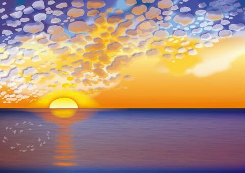 空_海に沈む夕日_雲イラスト - No: 1338380｜無料イラスト・フリー素材