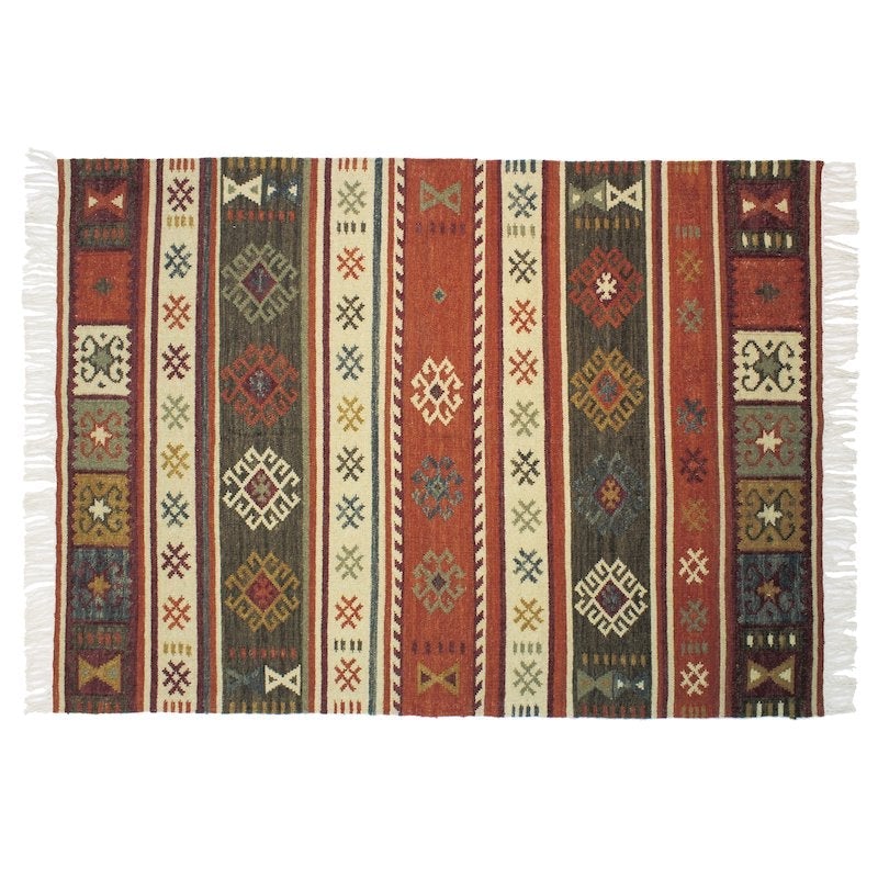 独特な幾何学模様とカラフルな色使いが印象的なウールキリムラグ RUSTY