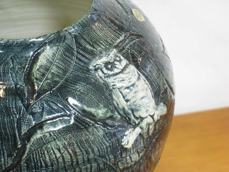 清水焼 藤平正文作 ゴス布目フクロウ付花生 - 土岐陶器本店