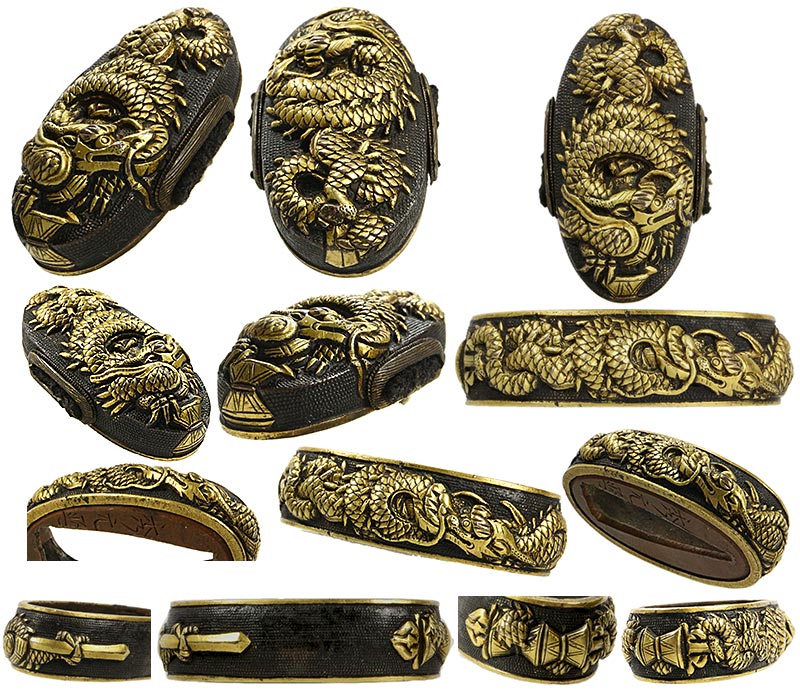 日本刀の縁頭｜赤銅七々子地倶利伽羅龍 銘/秀元（花押）｜日本刀専門店