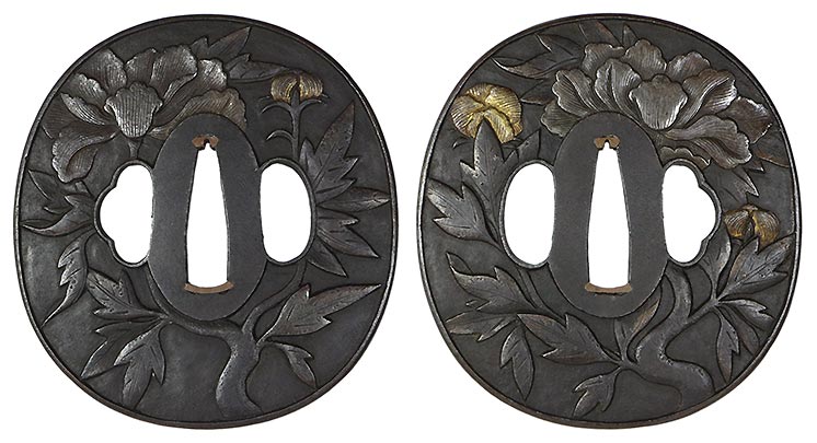 日本刀の鐔・鍔｜鉄地紅白牡丹図｜日本刀専門店・東京【十拳】