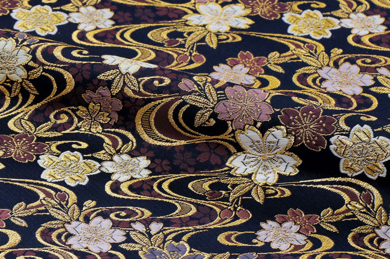 流水夜桜文様 (紺)柄の金襴生地販売なら都香庵