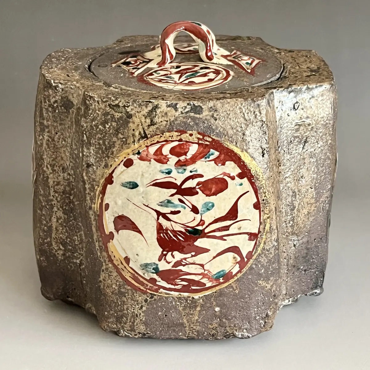 ☆ 坪島土平 （師 川喜田半泥子） 廣永窯 象嵌赤絵 花鳥文 水指 四方入