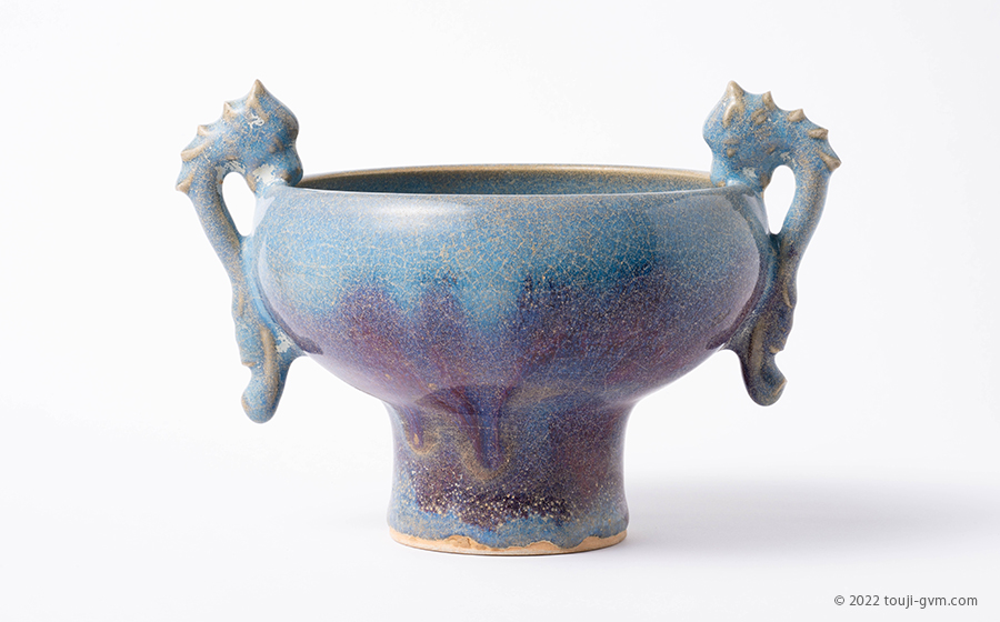 鈞窯 澱青釉紫斑 双龍耳壺 – Jun ware jar | 陶磁オンライン美術館ー
