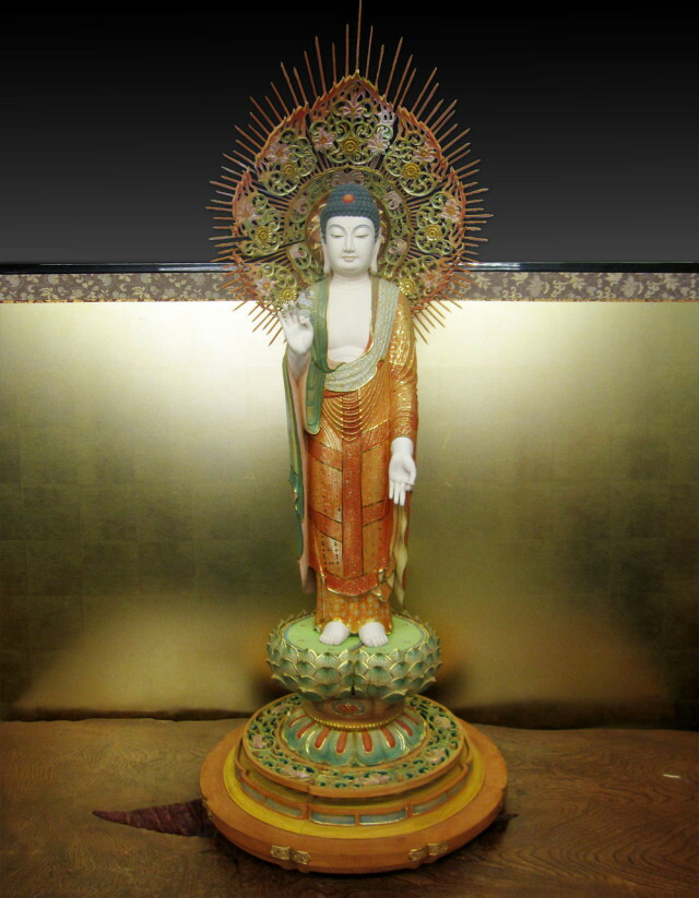 楽天市場】木彫り彫刻 仏像 阿弥陀三尊 （截金彩色） 立像 阿弥陀如来