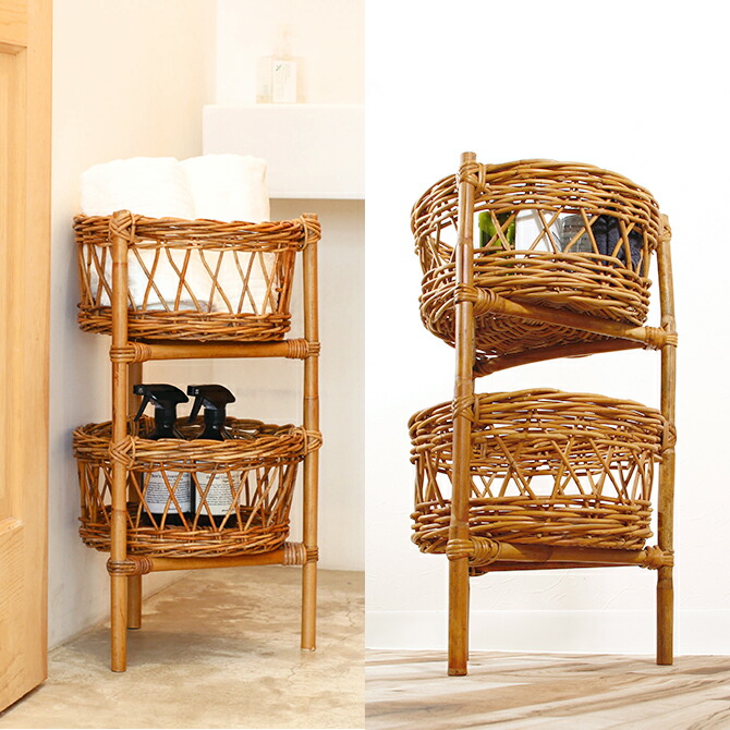 楽天市場】アラログ ラウンド 2段バスケット ラタン 家具 かご