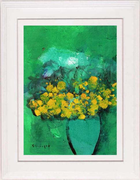 楽天市場】篠崎晴夫 緑の背景の黄色い花 花 絵画 油絵 静物画 一点物