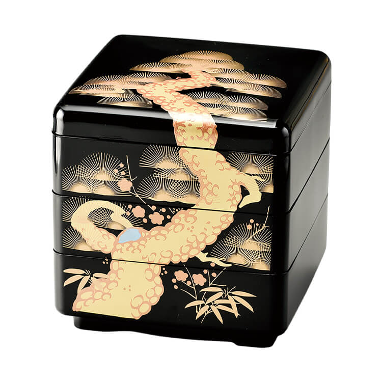 会津漆器 御重箱 大生謹製 洗朱5.5 鷲丸3段重 花小紋 【公式通販】