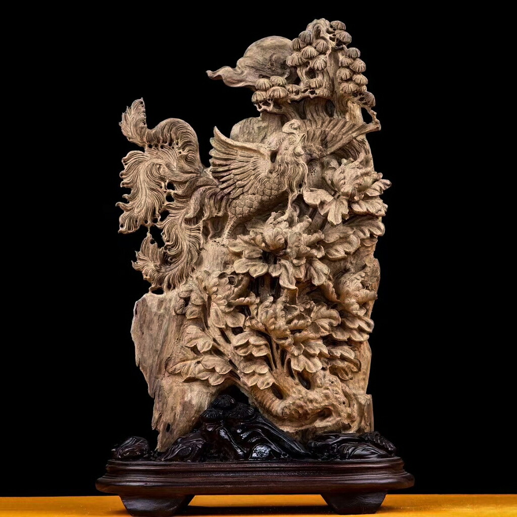 楽天市場】【天然沈香木彫】 木の雕刻品 沈香木 鳳凰とボタン（牡丹