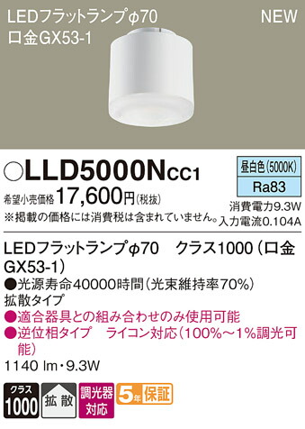 楽天市場】LEDフラットランプ パナソニック LLD5000NCC1ライコン対応