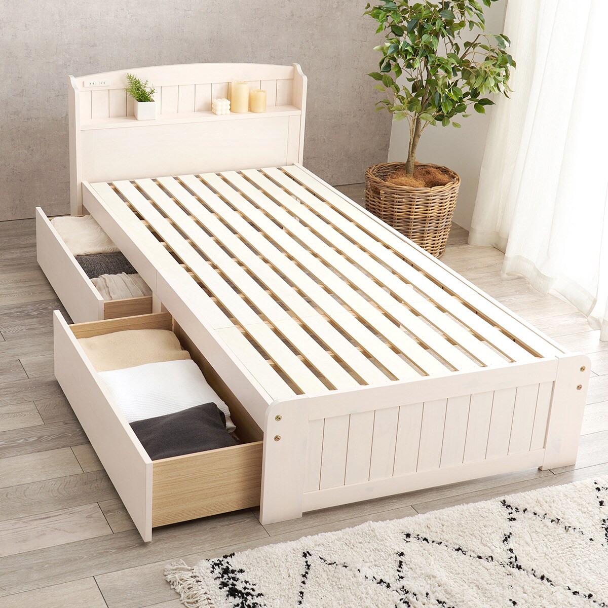 楽天市場】宮付き天然木すのこベッド （引出し付きタイプ） ニトリ