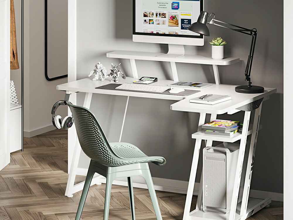 L字デスク ゲーミングデスク 棚 ポケット フック モニター台 白 dowinx