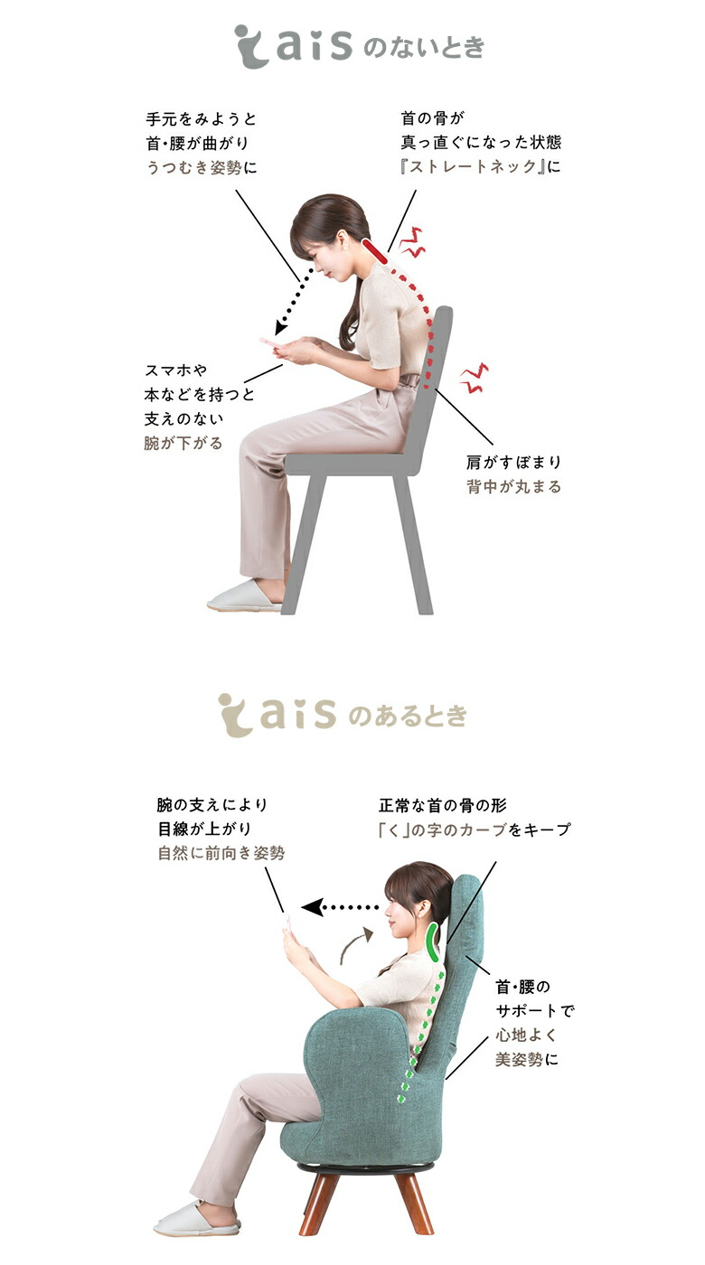 楽天市場】首が喜ぶ美姿勢チェア ais (44cm) 脚長タイプ アイス
