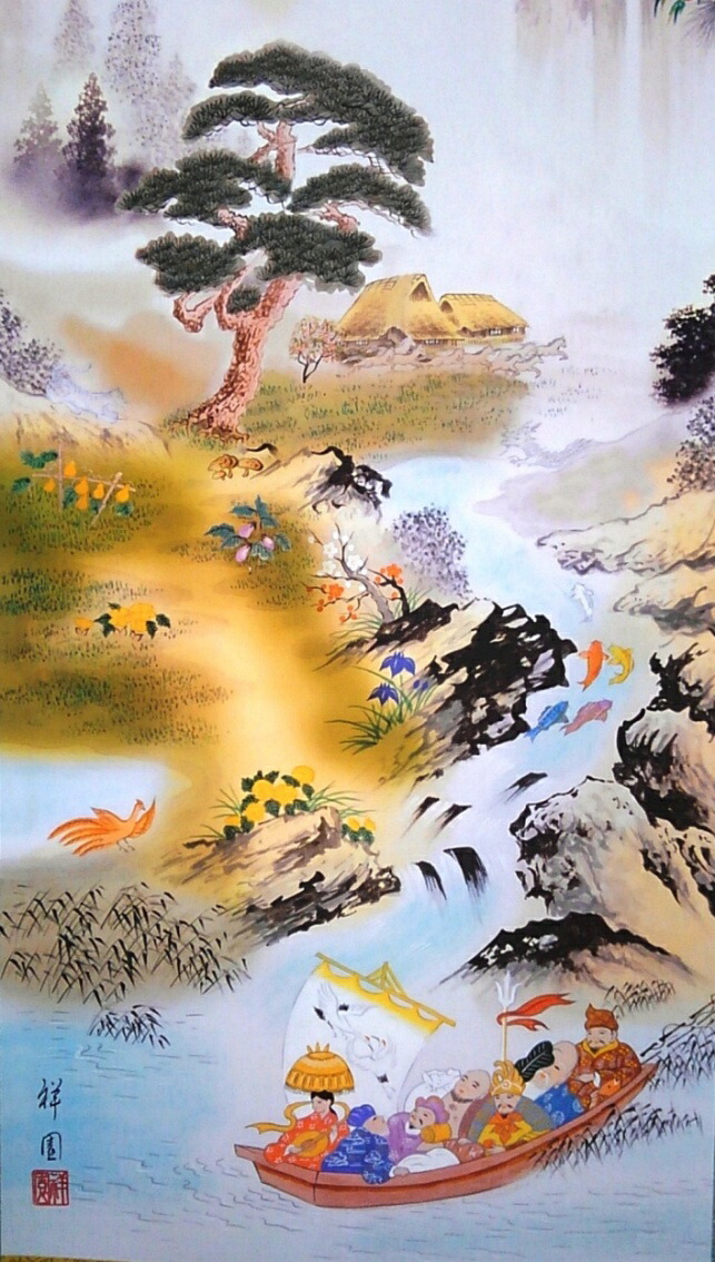 楽天市場】掛け軸 開運万全図 七福神 赤富士 風景画 送料無料！掛軸