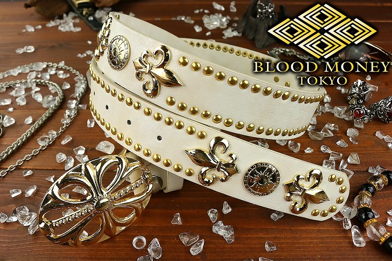 楽天市場】ユリ×スタッズ ベルト ホワイト×ゴールド BLOOD MONEY TOKYO