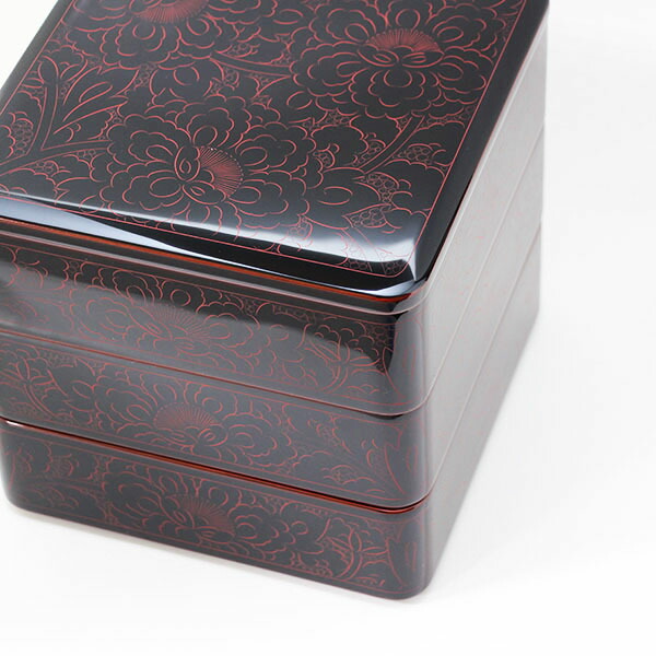 楽天市場】重箱 3段 木製 漆塗り 溜内朱 牡丹 朱沈金 6.5寸 日本製