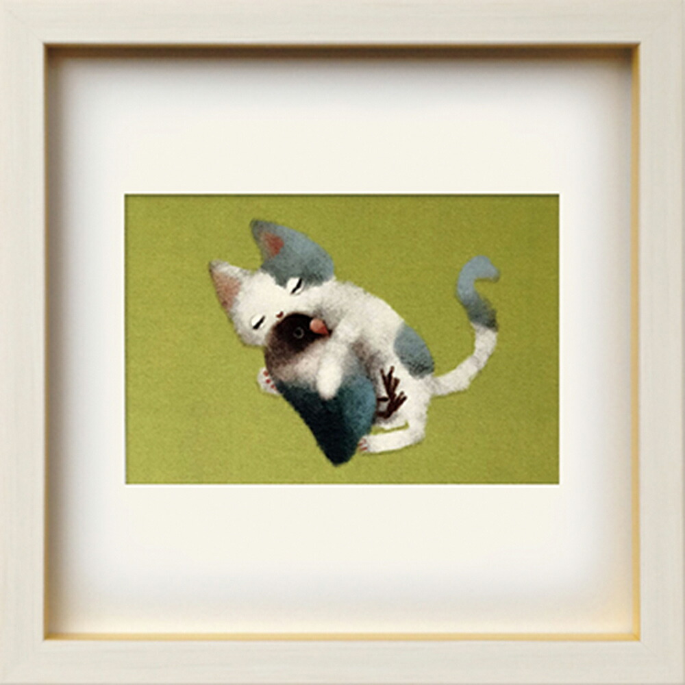 楽天市場】絵画 菜生(nao) スクエアフレーム 猫 猫とぬいぐるみインコ