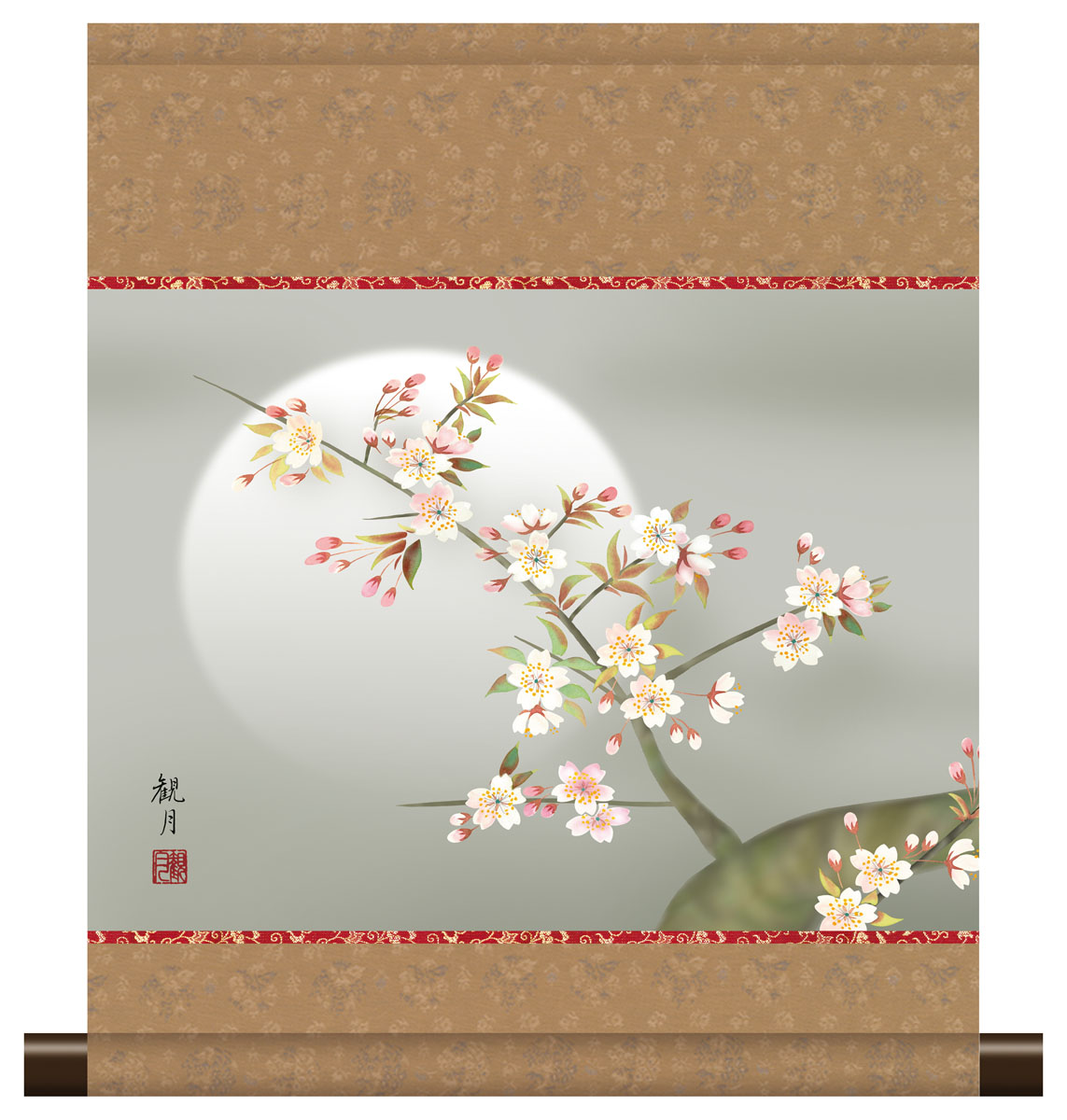 楽天市場】10年保証 掛け軸 ミニ掛け軸 和風 花鳥画 春掛け 満月に桜