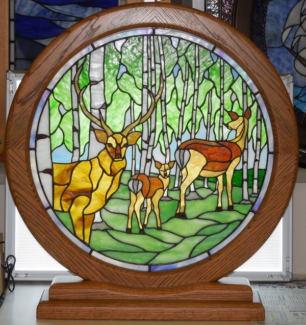 楽天市場】円パネル『白樺とエゾシカ』【ステンドグラスパネル