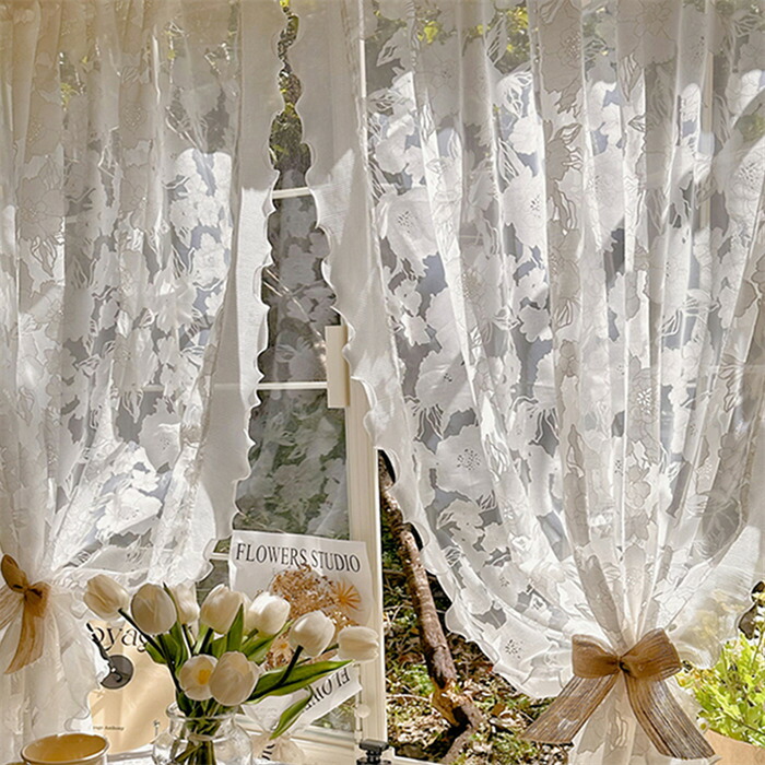 楽天市場】レースカーテン 幅80-350cm バラ柄 縁の飾りレース付き 北欧