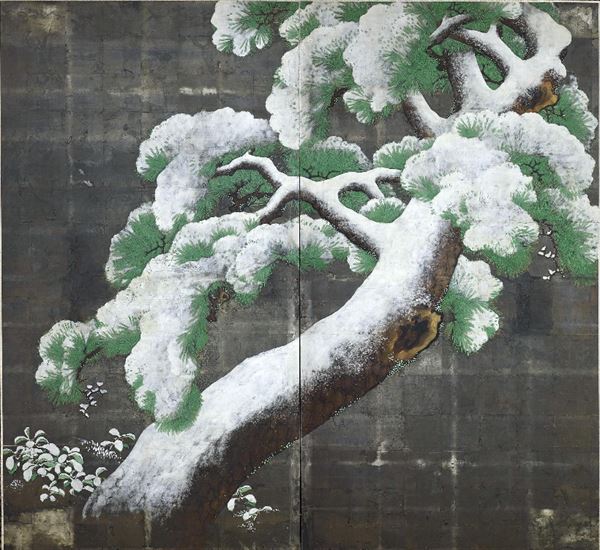 楽天市場】漆絵 雪に覆われた松とミヤマシキミ図 nh273 : 絵画制作専門