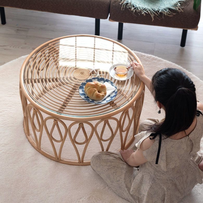 楽天市場】センターテーブル ラタン製 円型 ラウンドテーブル ガラス天