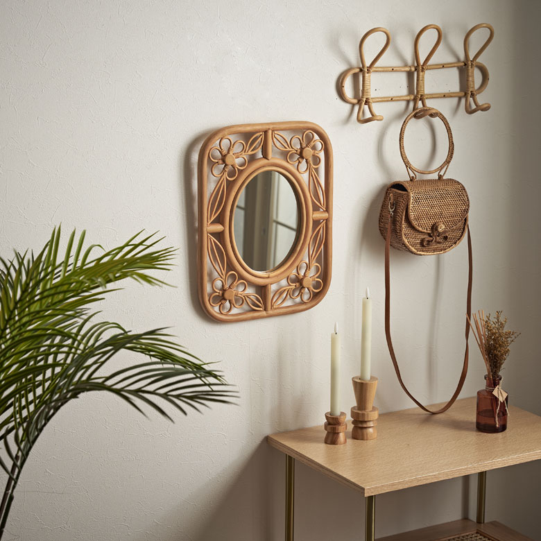 楽天市場】ミラー 鏡 ラタン 籐 取り付け用フック付き 約 W 32.5cm D