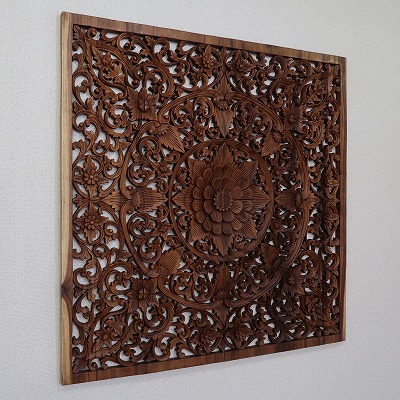 楽天市場】花の木彫りの壁掛けレリーフ 100X100 スワール無垢材