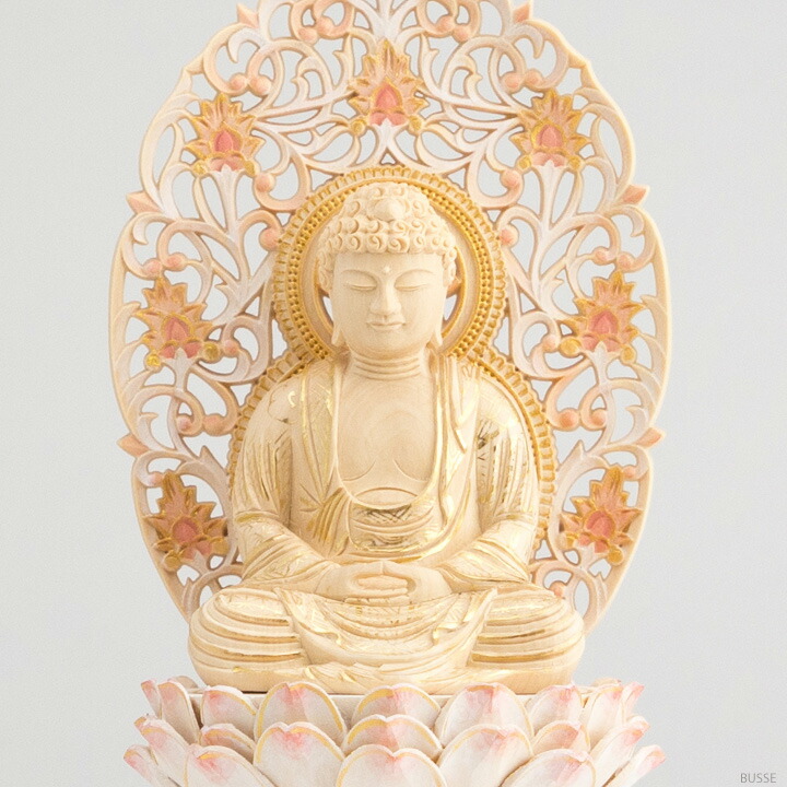楽天市場】仏像 釈迦如来 座像 柘植製/ツゲ 丸座 2寸 金泥書 淡彩色
