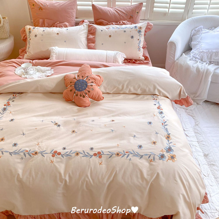 楽天市場】送料無料 布団カバーセット 刺繍花柄 フリル 韓国風 キレイ