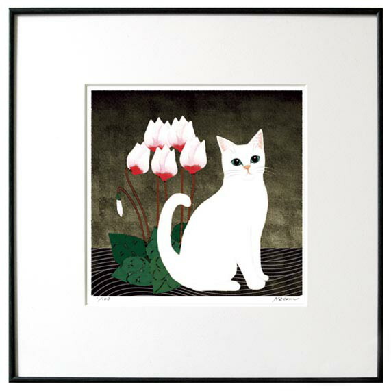 楽天市場】猫夢アート版画花と猫シリーズ「シクラメン猫」白猫【猫