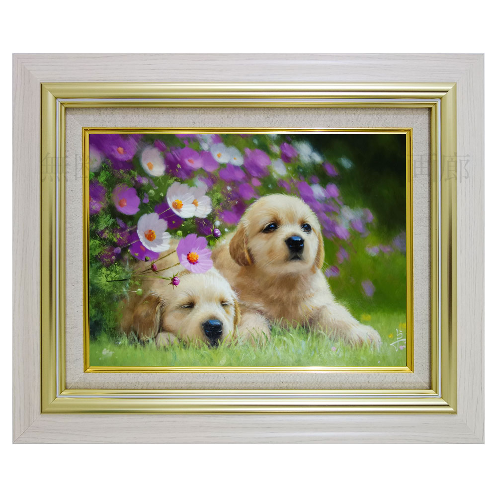 絵画額付( 青緑＋金色の枠) 油絵F4-030219 子猫（子犬）と女の子