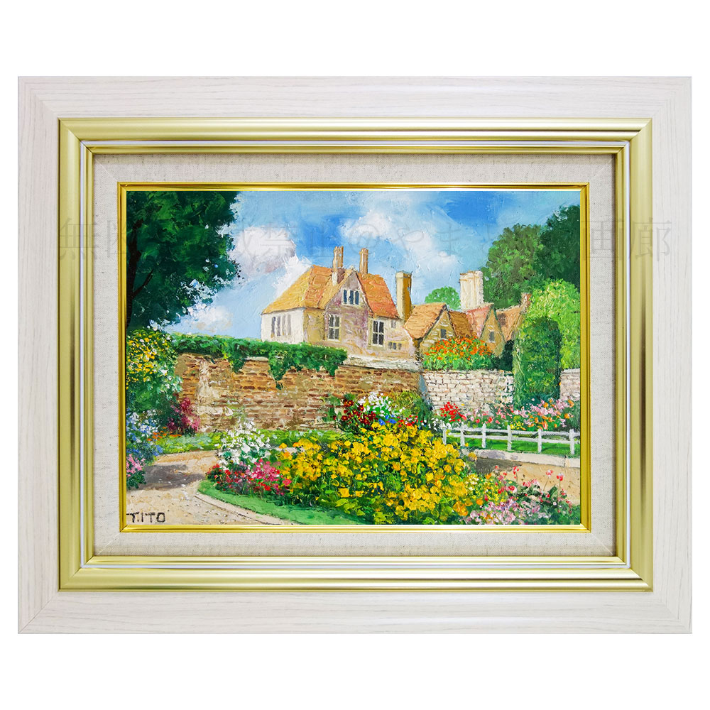 油絵 「コッツウォルズの春」額付 F4号 真作 油絵 「コッツウォルズの