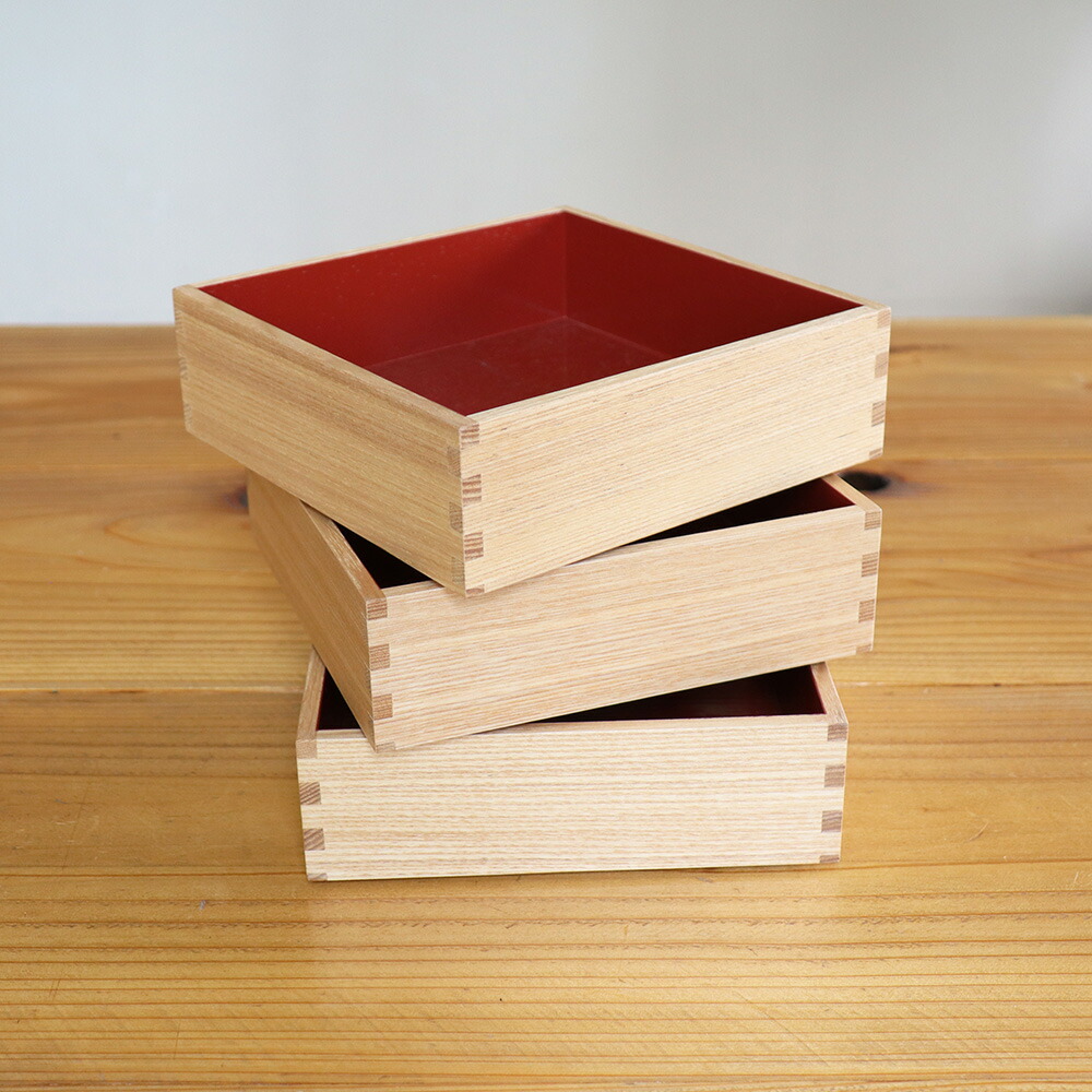 楽天市場】松屋漆器店 白木塗 タモ 6.0 三段重 内朱 3〜4人用 白木塗