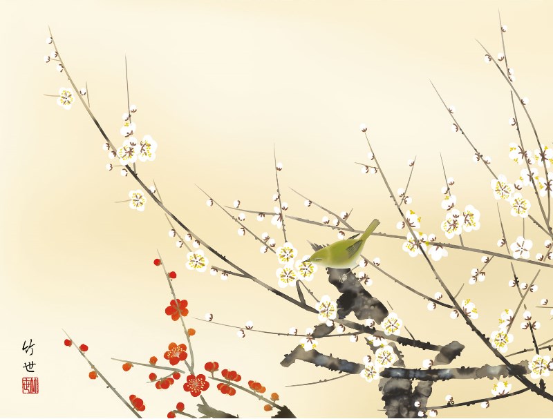 楽天市場】額絵 日本画 花鳥画 春飾り 【紅白梅に鶯】 田村竹世 G4
