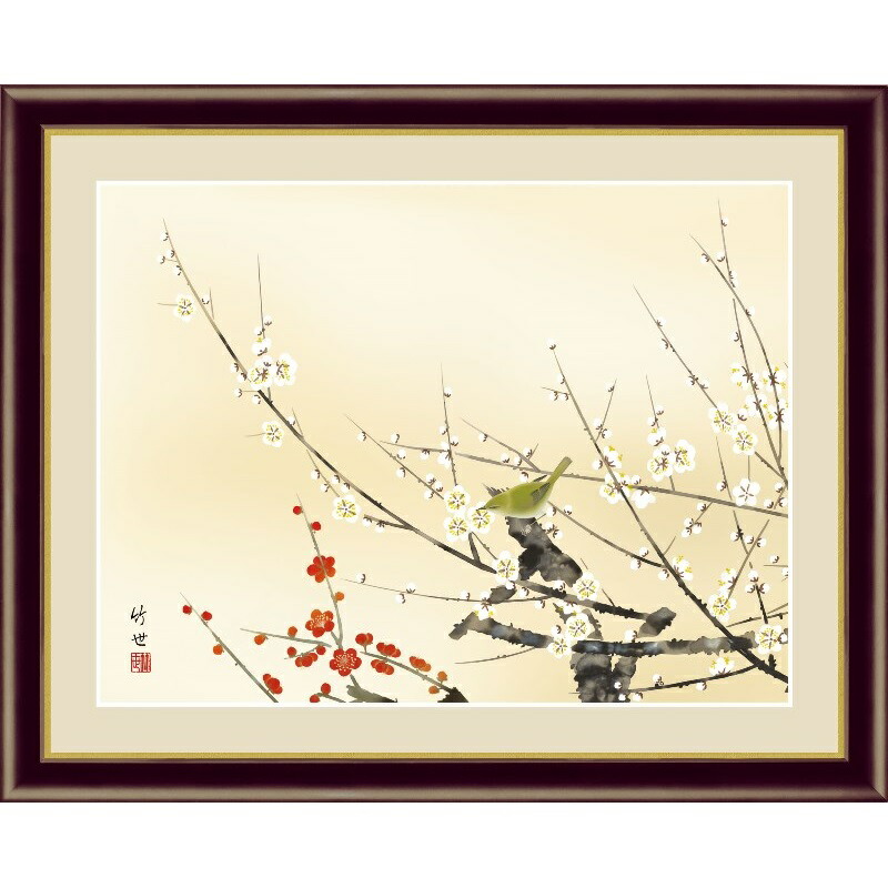 楽天市場】額絵 日本画 花鳥画 春飾り 【紅白梅に鶯】 田村竹世 G4