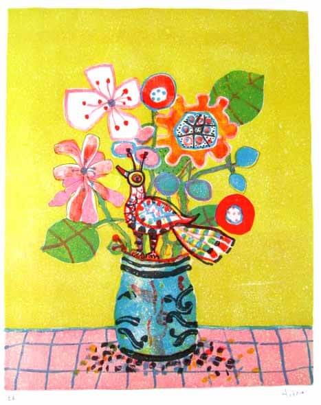 楽天市場】ポール アイズピリ 黄色い背景の青い花瓶の花束 リトグラフ